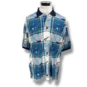 Vintage Sauce By Berne Polo Shirt Mens XL Blue AOP Golf Clubs Plaid Print Cotton